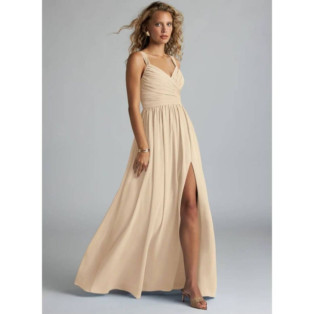 Azazie Beige/Champagne V-Neck Chiffon Slit Bridesmaid Dress